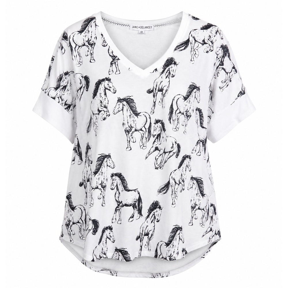 Jane + Delancey Womens 2X Whiteโ Black Horse Print V-Neck Short Sleeve Top NWT